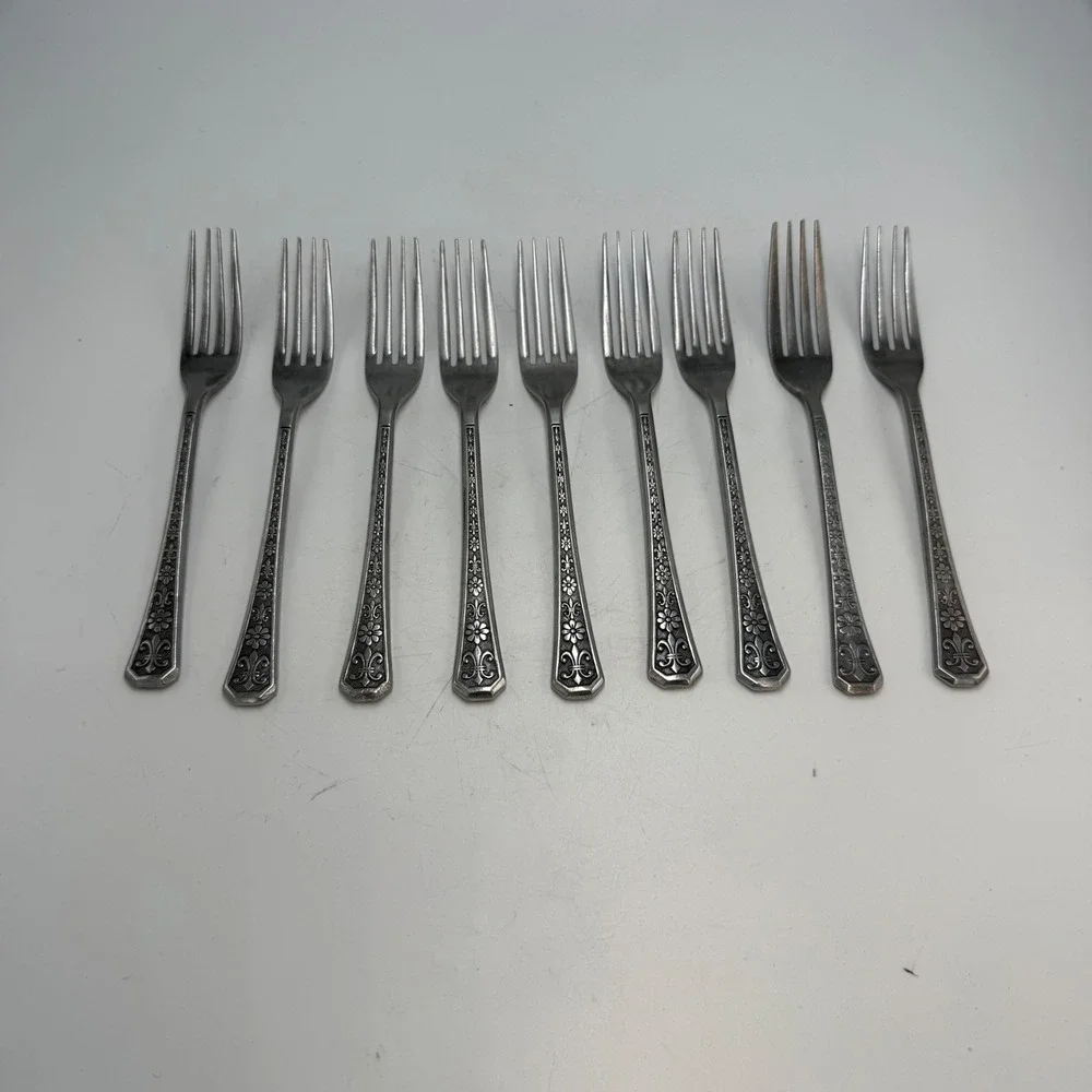9 Interpur INR2 Stainless Steel Dinner Forks Japan Florenz Fleur De Lis Pattern